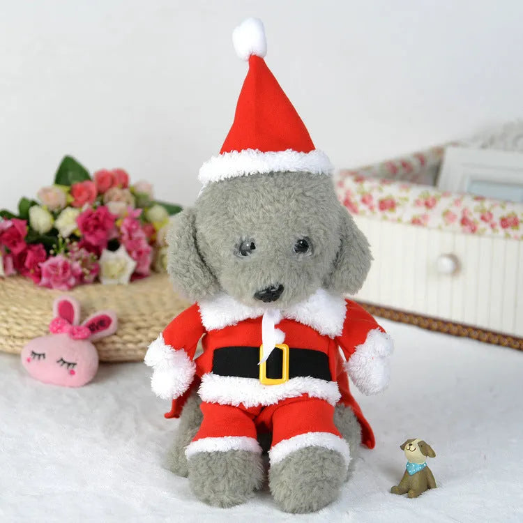 Red polar fleece Santa Claus costume for a small dog or cat, shown on a mannequin.