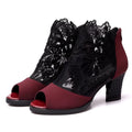 Black floral lace gladiator sandals with square high heel and peep toe design