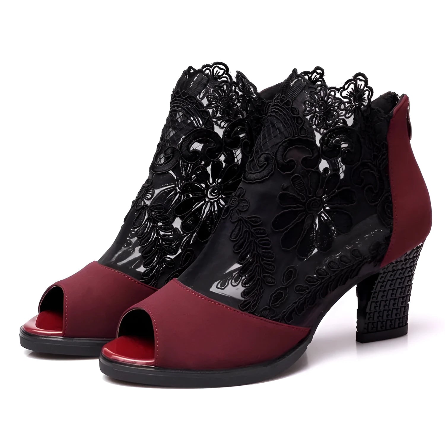 Black floral lace gladiator sandals with square high heel and peep toe design