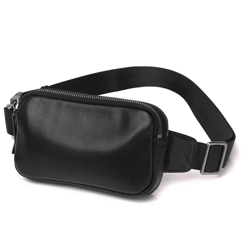 Men's small leather crossbody bag in black showing 17cm width dimensions