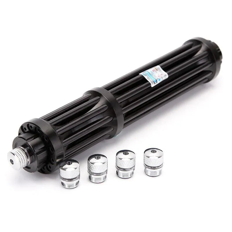 Black anodised aluminium extended flashlight with blue laser pointer, showing tail switch and 18650 battery.