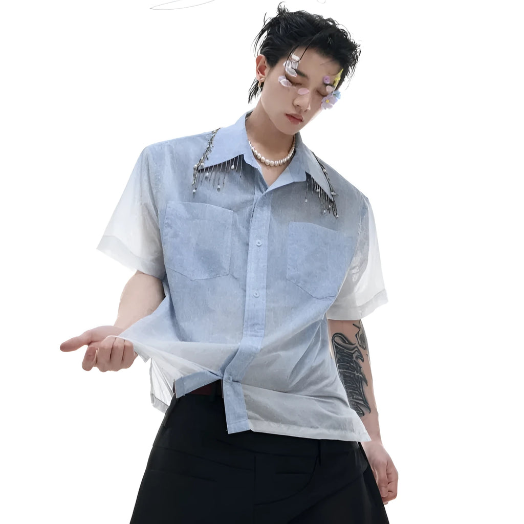 Blue and white gradient men's casual short-sleeve shirt with a loose fit.