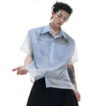 Blue and white gradient men's casual short-sleeve shirt with a loose fit.