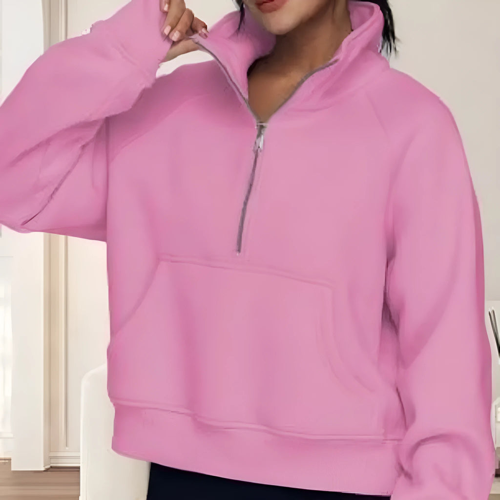 Women's loose lapel fleece-lined sweater in a solid colour showing raglan sleeve design.