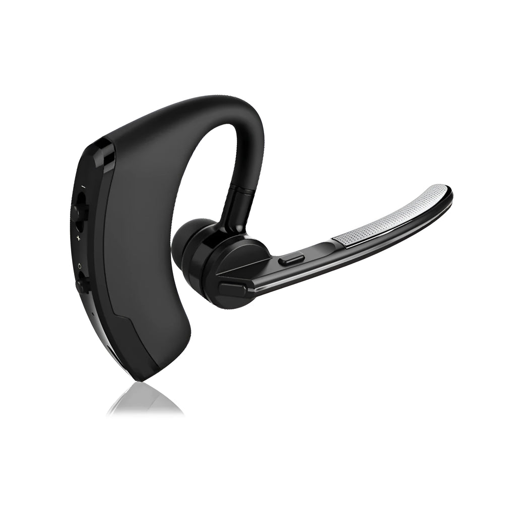 V9 Business Bluetooth wireless headset with ergonomic earpiece and microphone for dual phone connectivity.