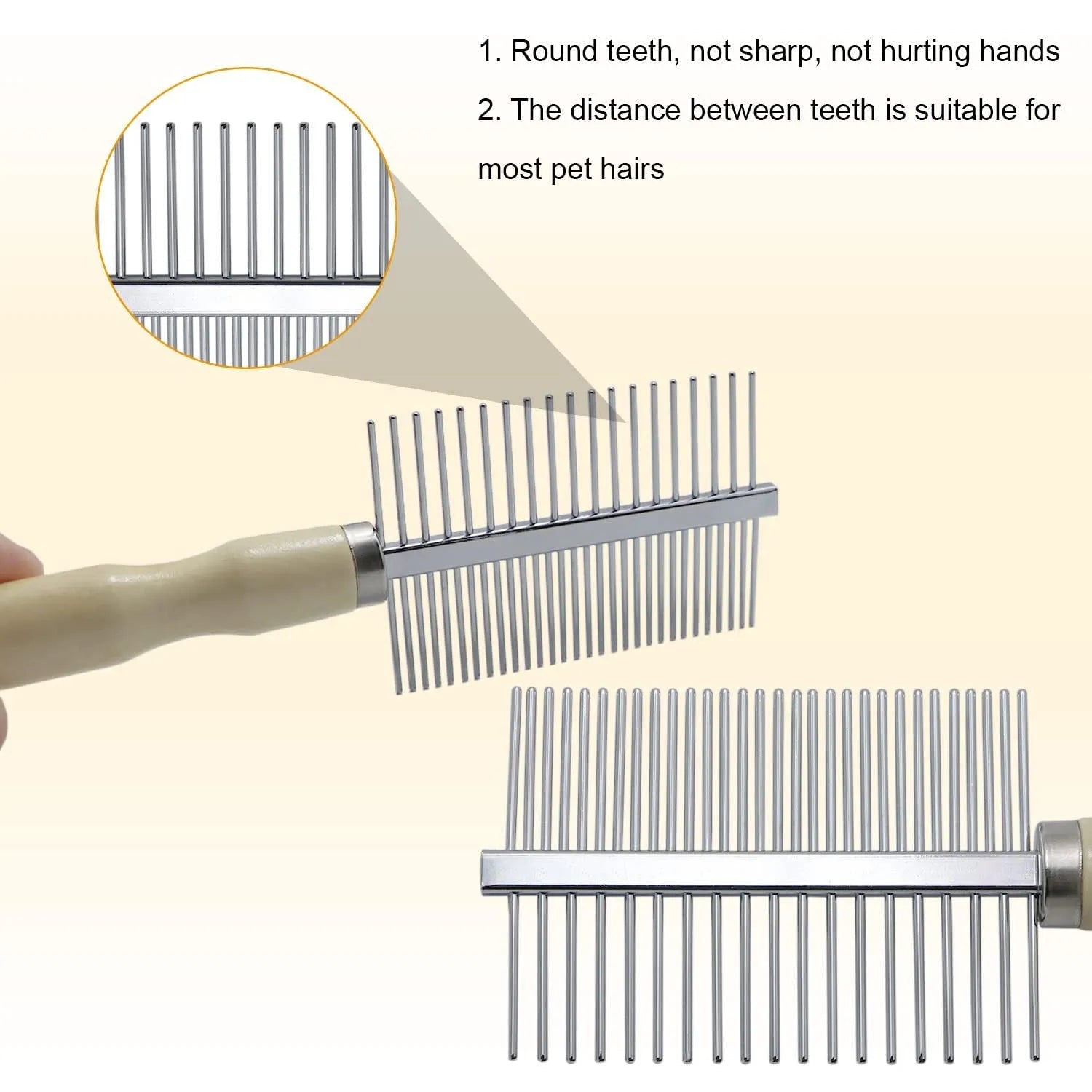 Wooden handle pet grooming comb with round metal teeth for dogs and cats