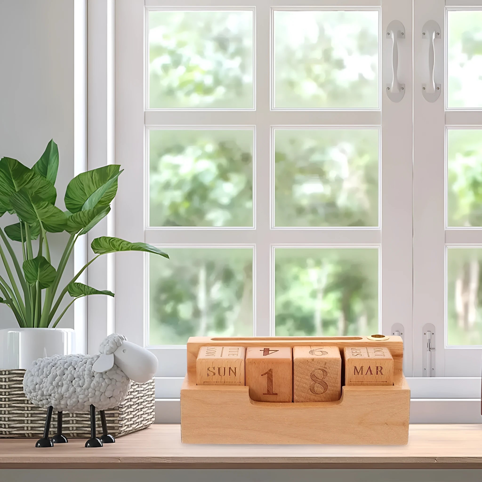Solid wood simple modern calendar desk sign in natural wood colour on a desk.