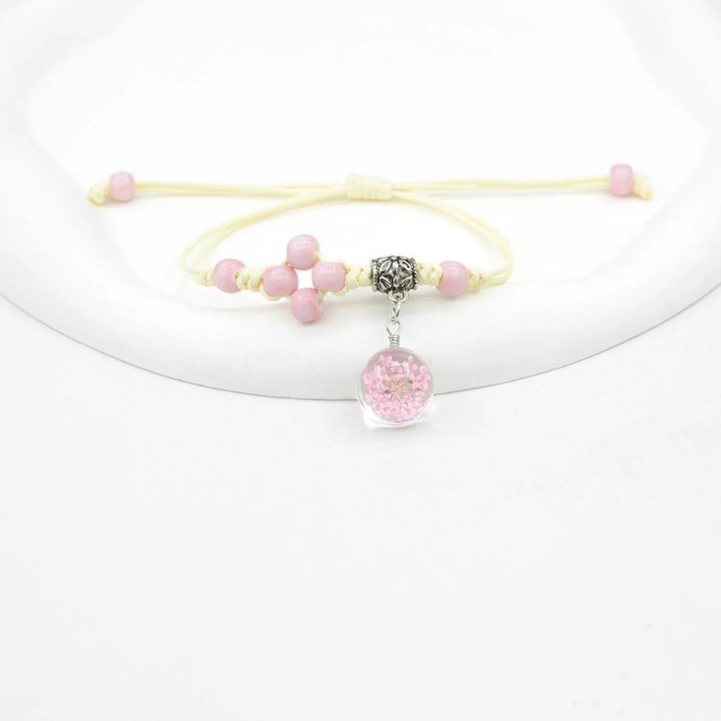 Glass dried flower bracelet with real preserved flowers and lace trim on large 1.4cm beads