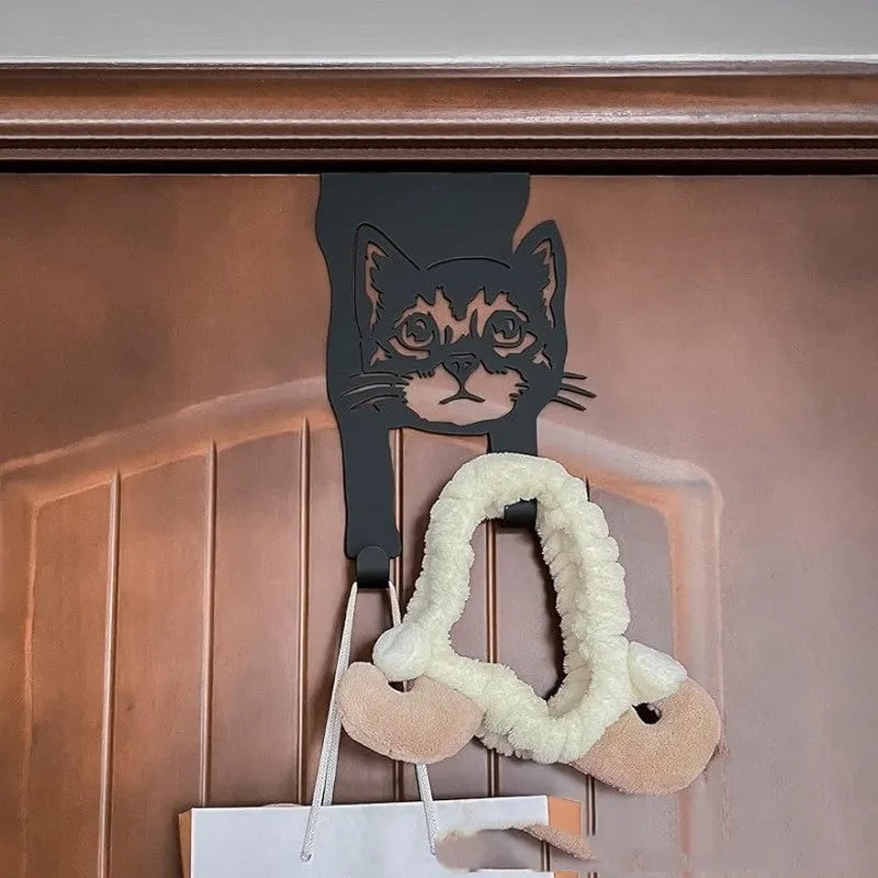 Black iron wall-mounted decorative cat hook for punch-free door or wall organisation.