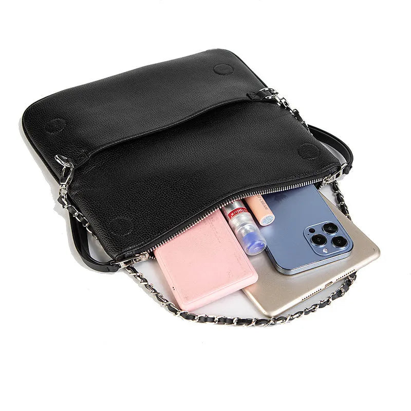 Women's black chain folding clutch messenger bag with detachable strap and gold hardware
