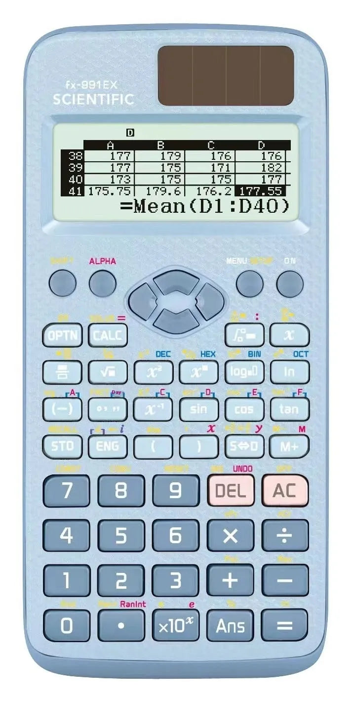 Casio fx-991EX scientific calculator in black, blue, or pink with dot matrix display