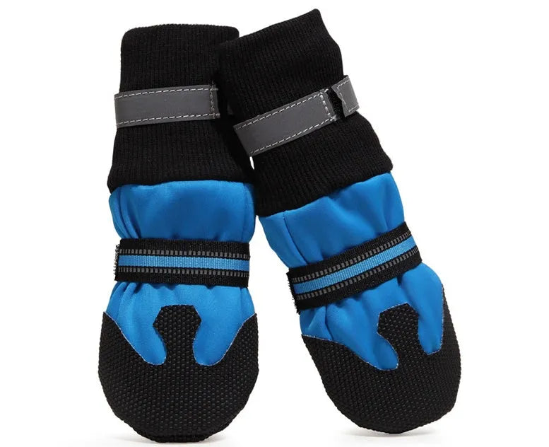 Waterproof dog boots for medium to large dogs, blue with non-slip rubber sole and reflective Velcro straps