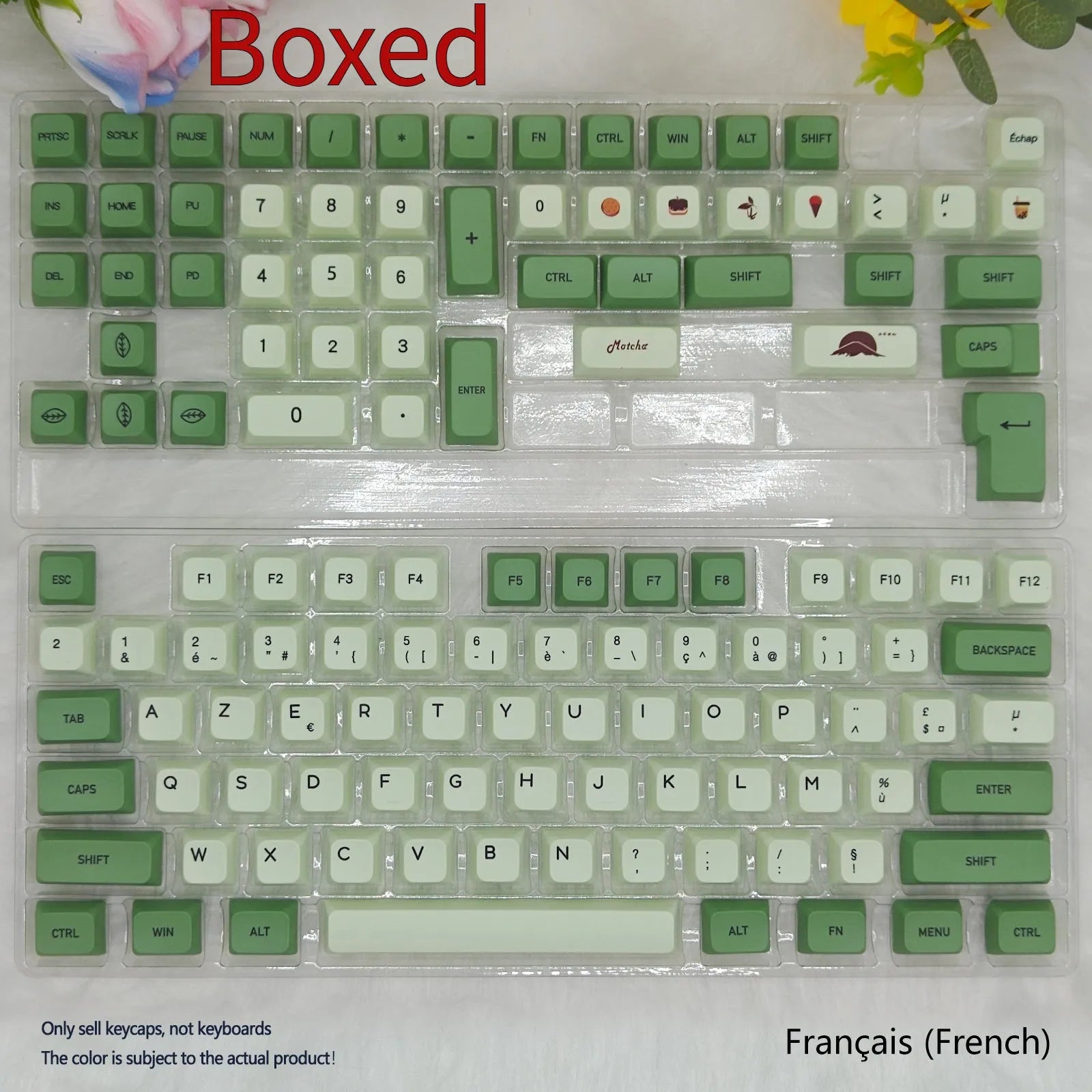 124-key Matcha green PBT keycap set for a mechanical keyboard, showing multiple language layout options.