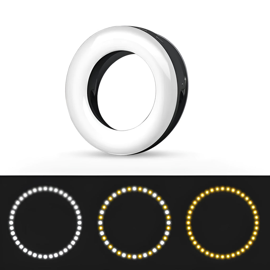 Black LED selfie ring light for mobile phones with USB cable and adjustable brightness settings