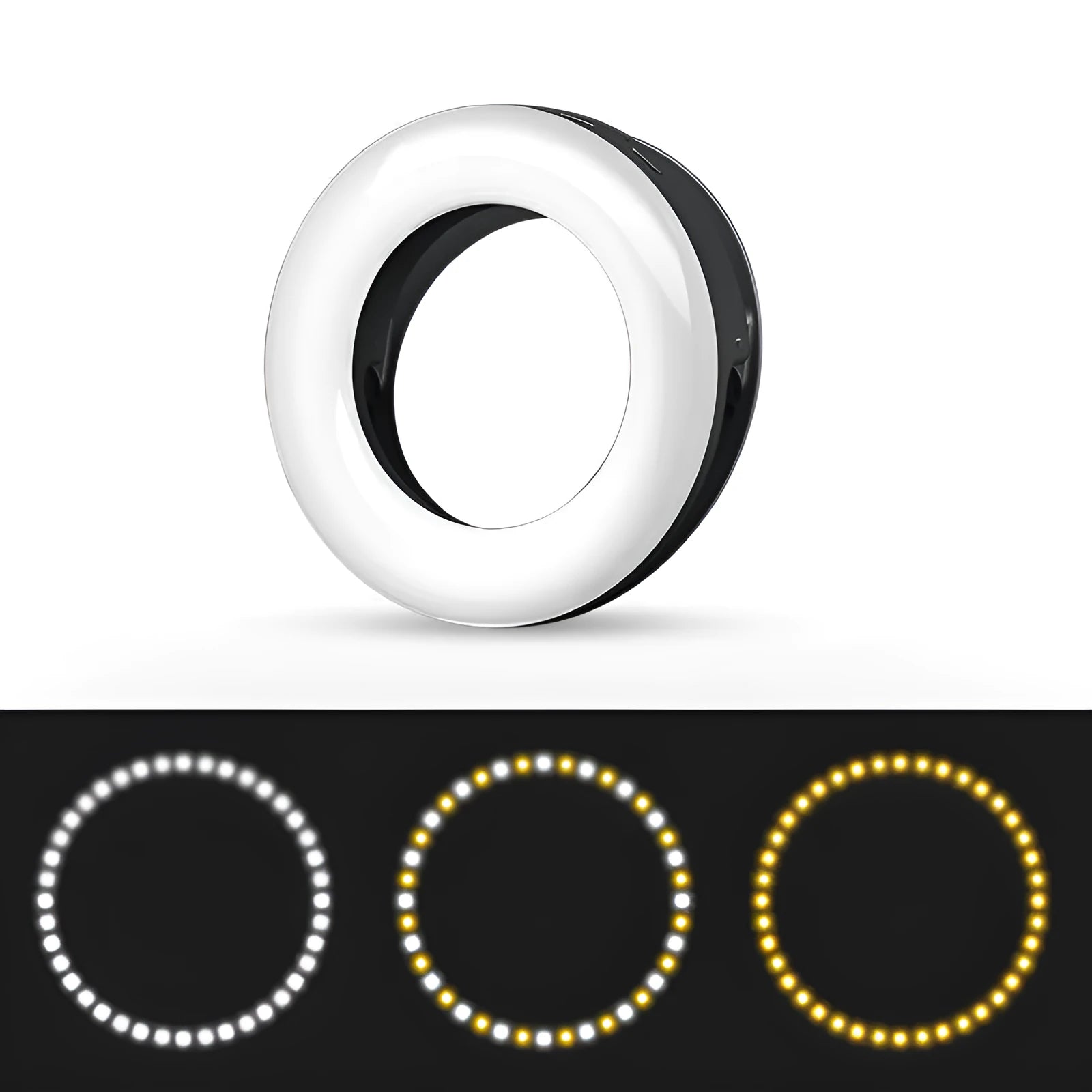 Black LED selfie ring light for mobile phones with USB cable and adjustable brightness settings