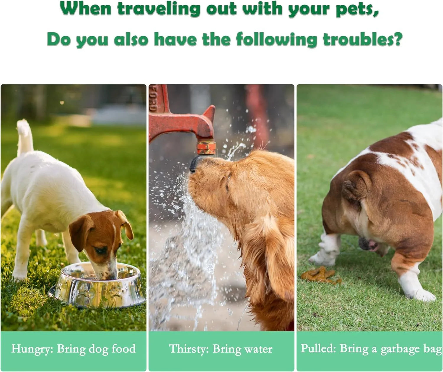 Green 3-in-1 portable pet water bottle with attached bowl, food container, and waste bag dispenser.