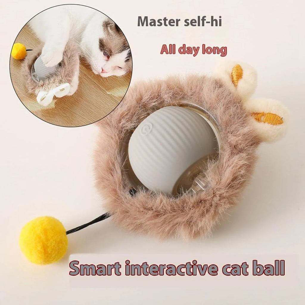 Automatic rotating pet ball toy in grey, green, or red colours with string attachment for dogs and cats