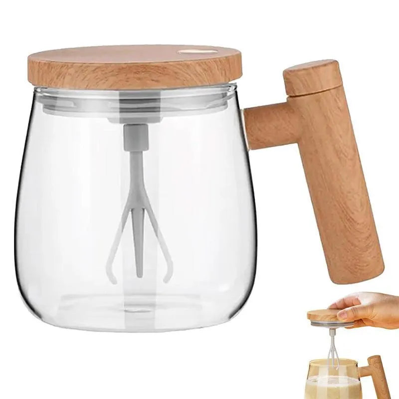 400ml borosilicate glass self-stirring coffee mug with electric mixing button in clear, champagne gold, and rainbow blue colours
