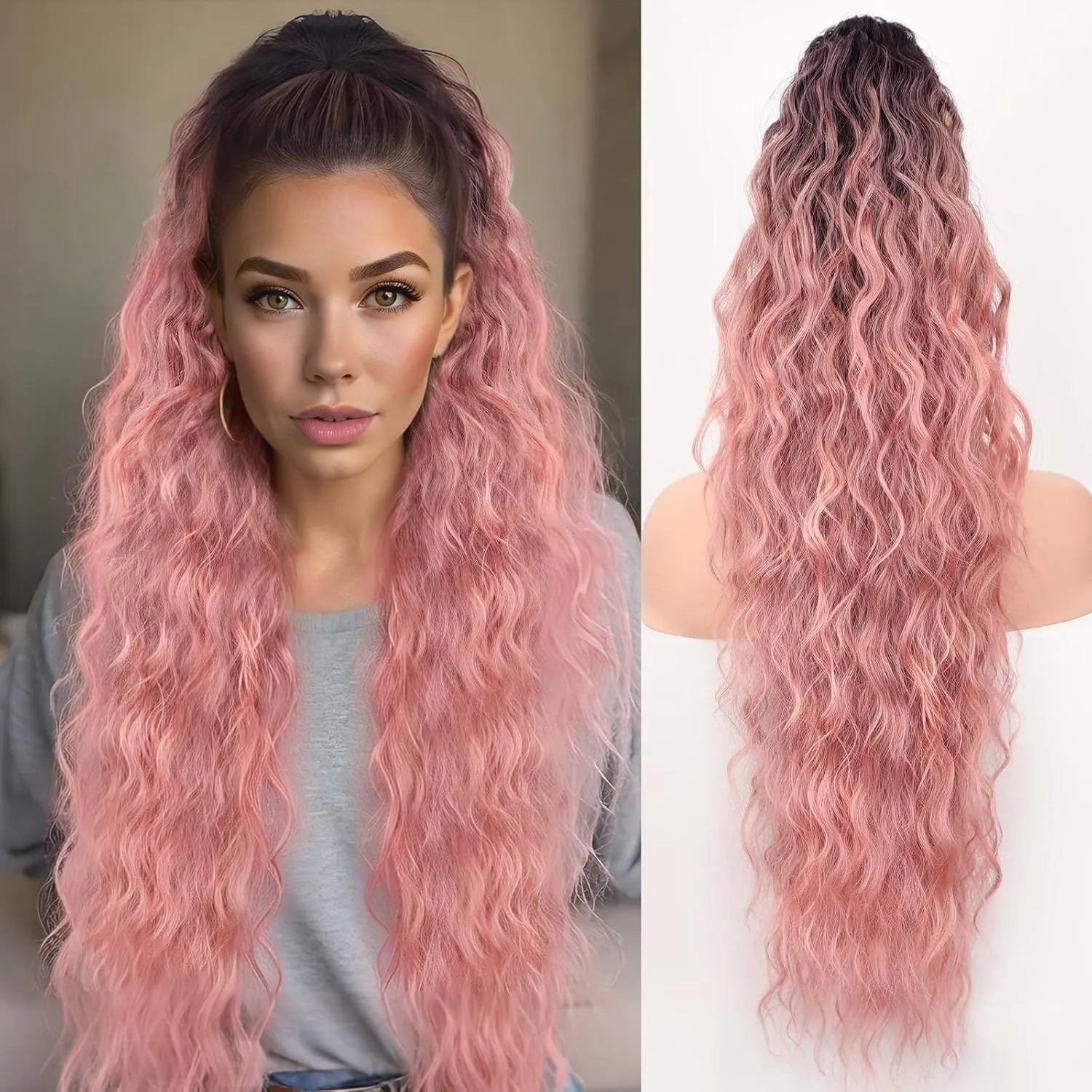 Long curly synthetic ponytail wig in high temperature fibre, 30 inches in length.