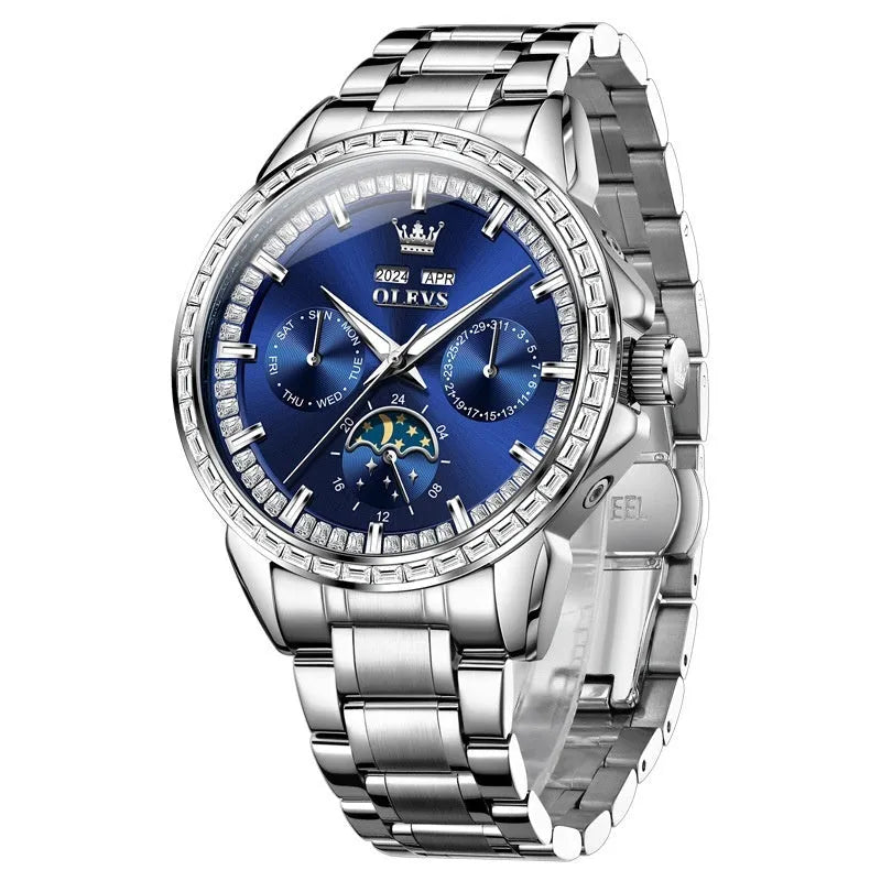 Men's automatic watch with diamond bezel and stainless steel bracelet on wrist, showing skeleton caseback.