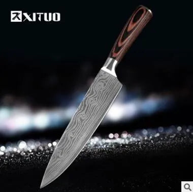 7Cr17 stainless steel kitchen knife with coloured wood handle and Damascus pattern blade on a black gift box.