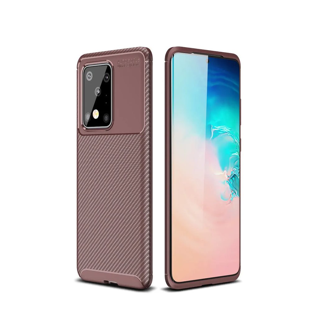 Solid colour TPU back case for Samsung Galaxy phone in black, blue, or brown.