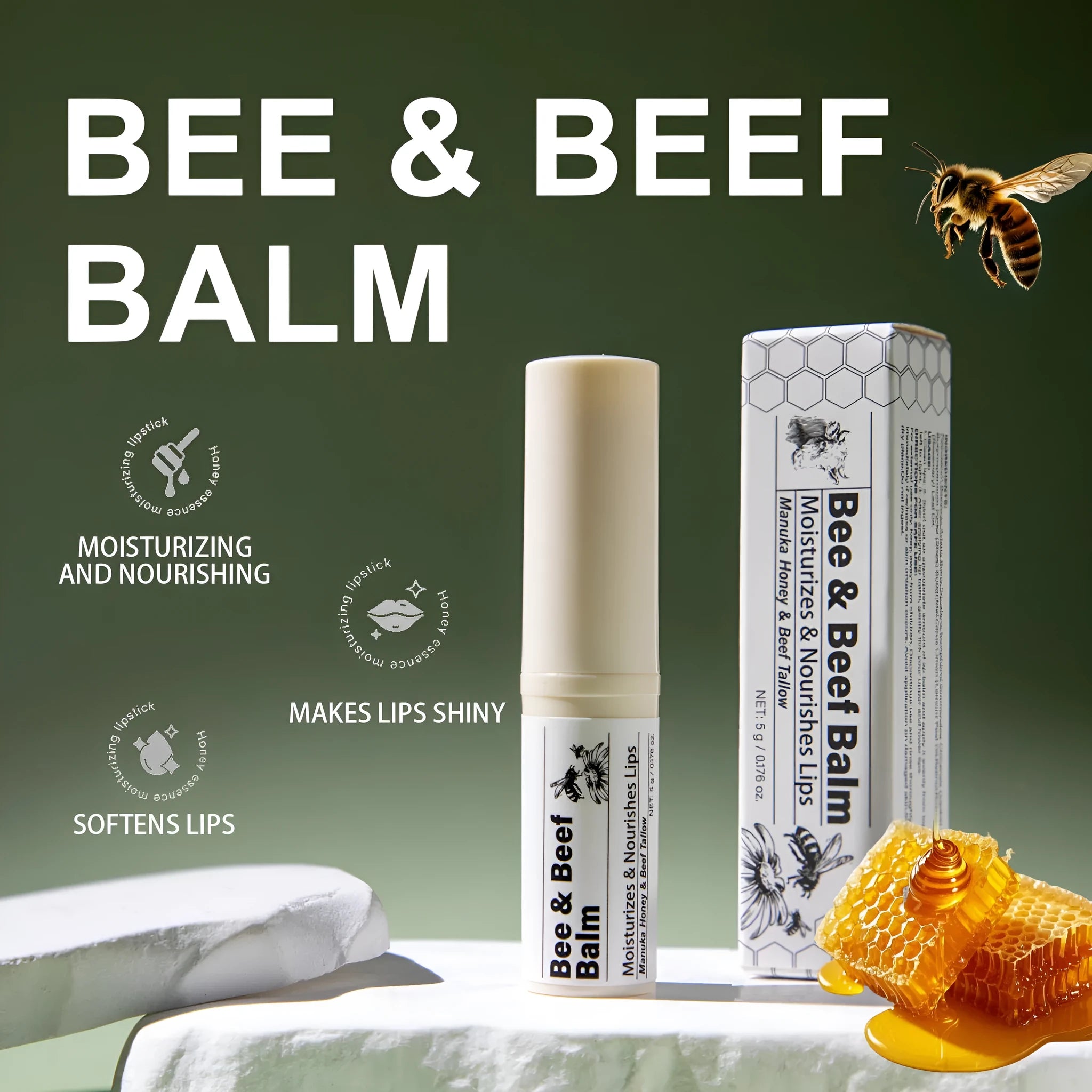 Beef fat and organic grass-fed butter lip balm in a 5g white tube with 83mm length.