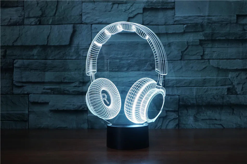 Stereo earphone illusion decorative table lamp with acrylic shade, LED light, and USB cable