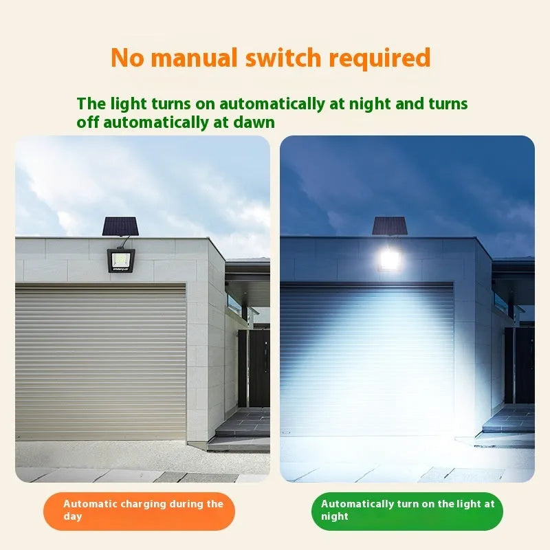 Outdoor solar-powered LED courtyard light with three brightness options and IP65 waterproof rating.