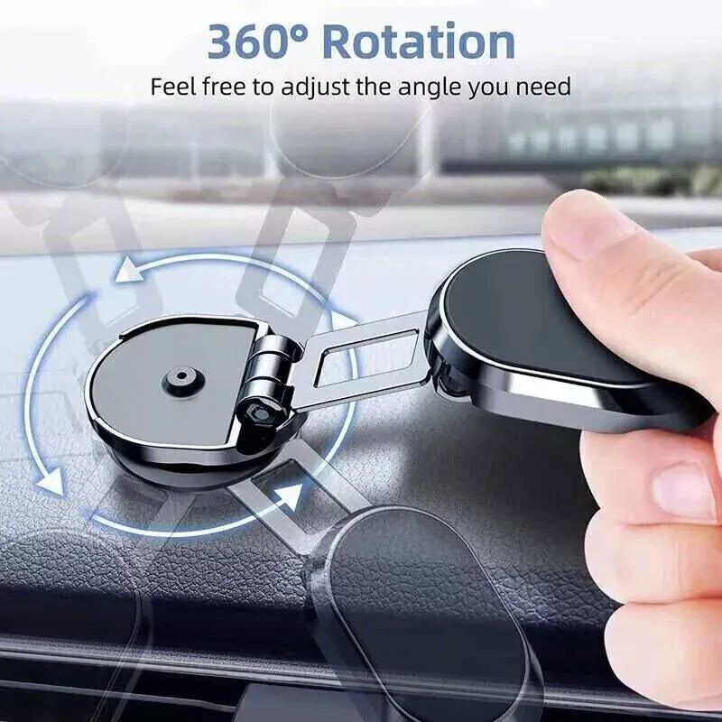 Chrome magnetic car phone holder showing folded and extended positions with 360-degree rotation