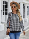 Black polyester pullover sweater with printed plaid and stripe pattern, long sleeves