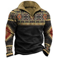 Men's retro print loose fit long sleeve t-shirt with striped pattern and zip decoration