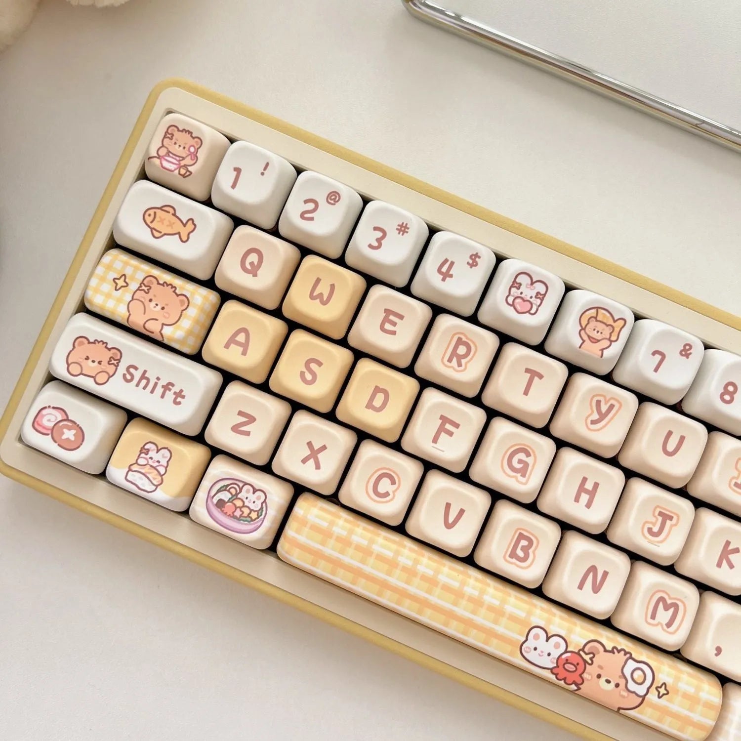 Set of 140 PBT keyboard key caps with Rabbit Bear Restaurant theme in EOA height profile.