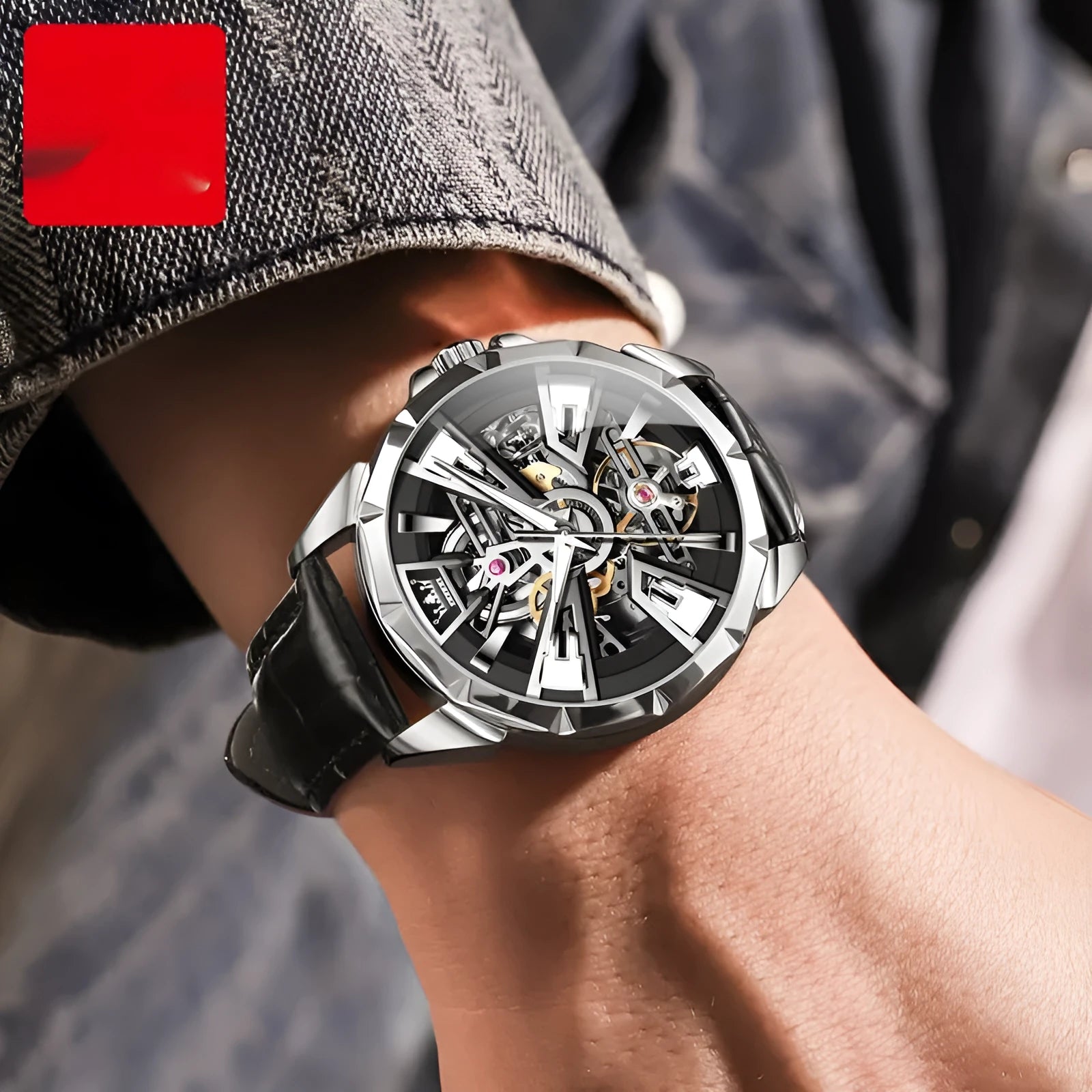 Men's automatic mechanical watch with hollow transparent case back showing movement, 44mm barrel-shaped dial, and genuine leather strap