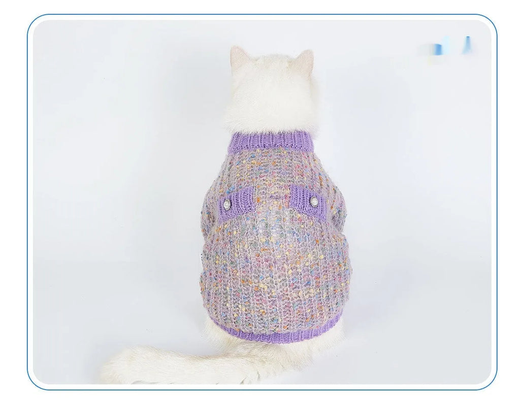 Purple dog sweater cardigan on small dog showing soft polyester fabric and front closure
