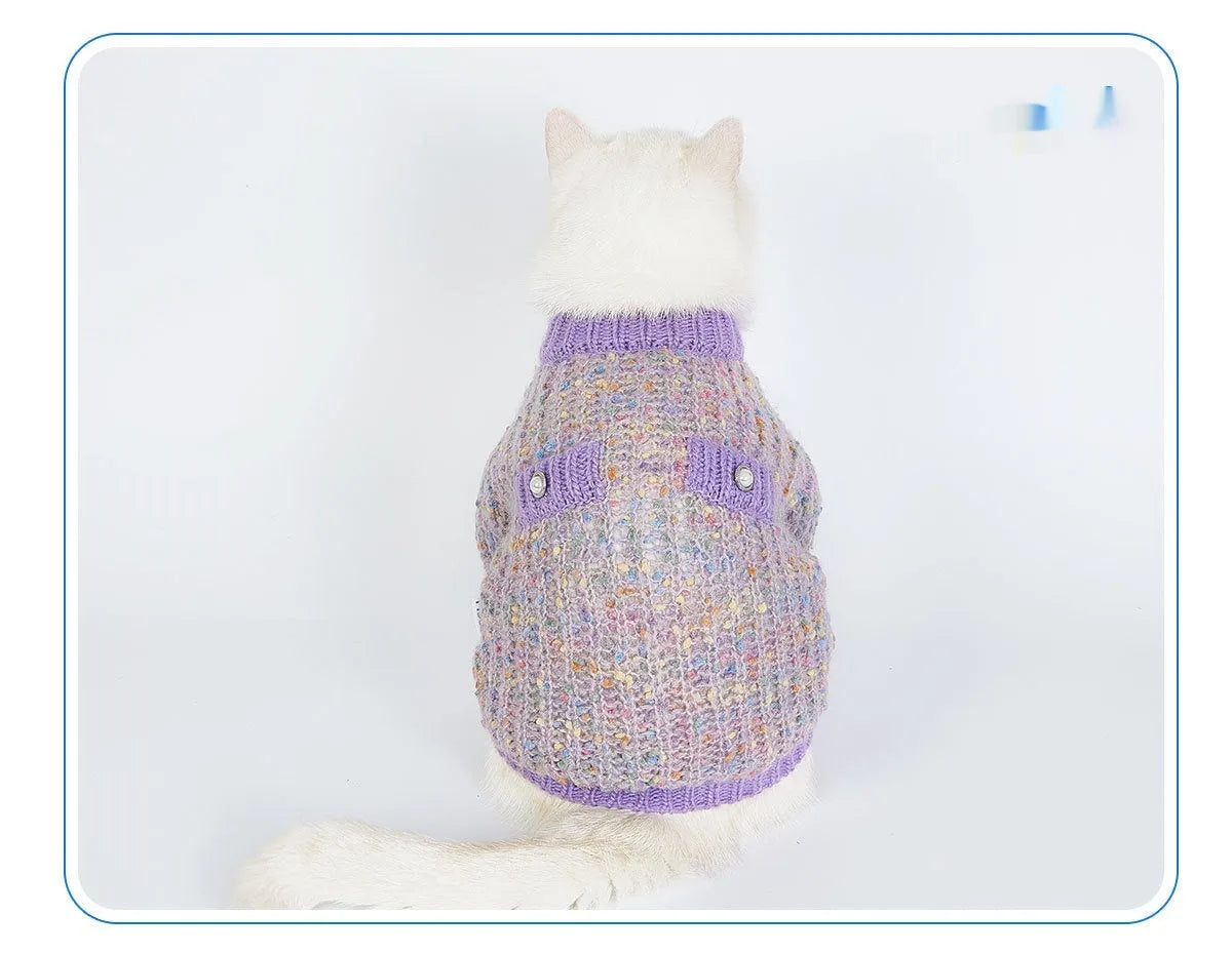 Purple dog sweater cardigan on small dog showing soft polyester fabric and front closure