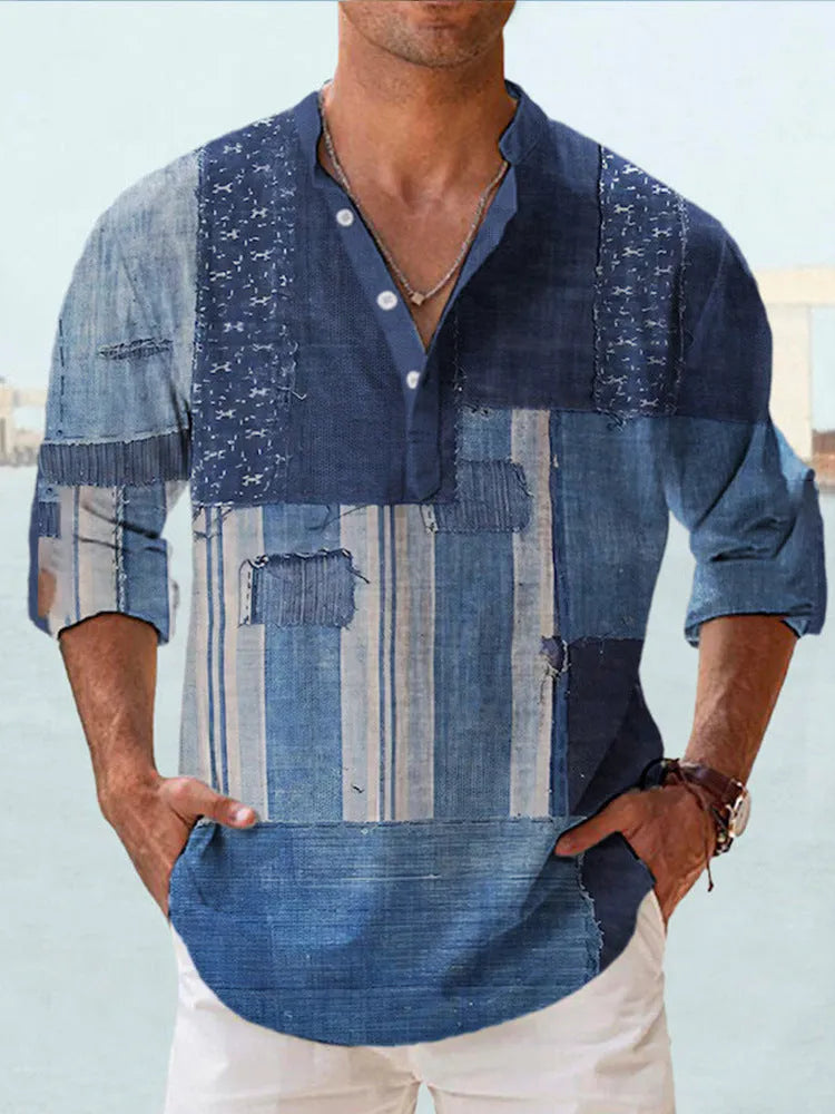 Man wearing a thin, striped casual Hawaiian long sleeve shirt in a linen-look fabric.
