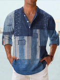 Man wearing a thin, striped casual Hawaiian long sleeve shirt in a linen-look fabric.