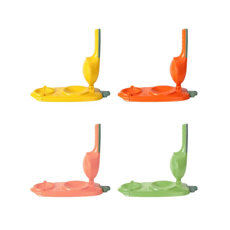 Orange and white 2-in-1 kitchen dumpling making tool with ergonomic handle and hanging hole