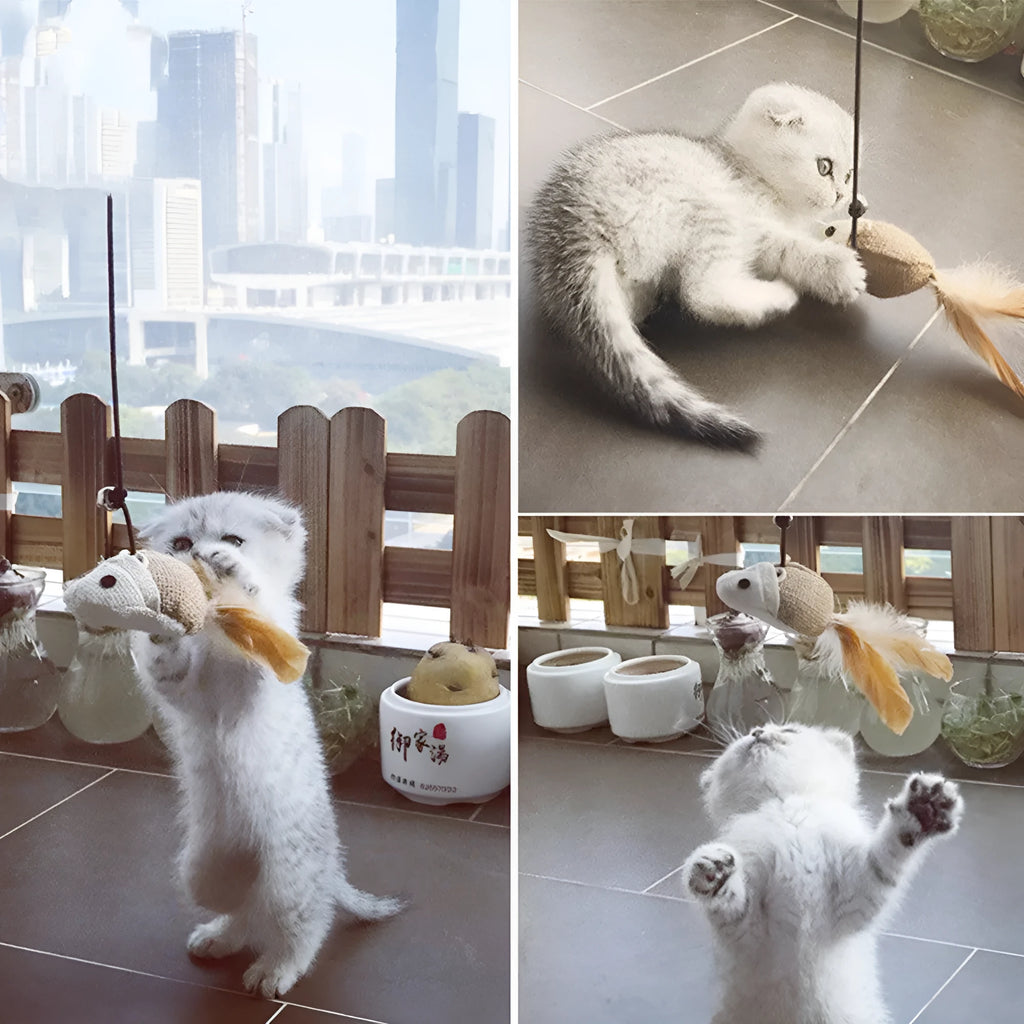 Wooden funny cat stick toy with bell and big feather attachment for interactive cat play