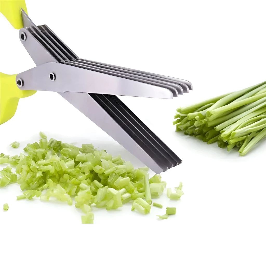 Stainless steel multi-layer herb scissors with green handles for chopping green onions and seaweed.