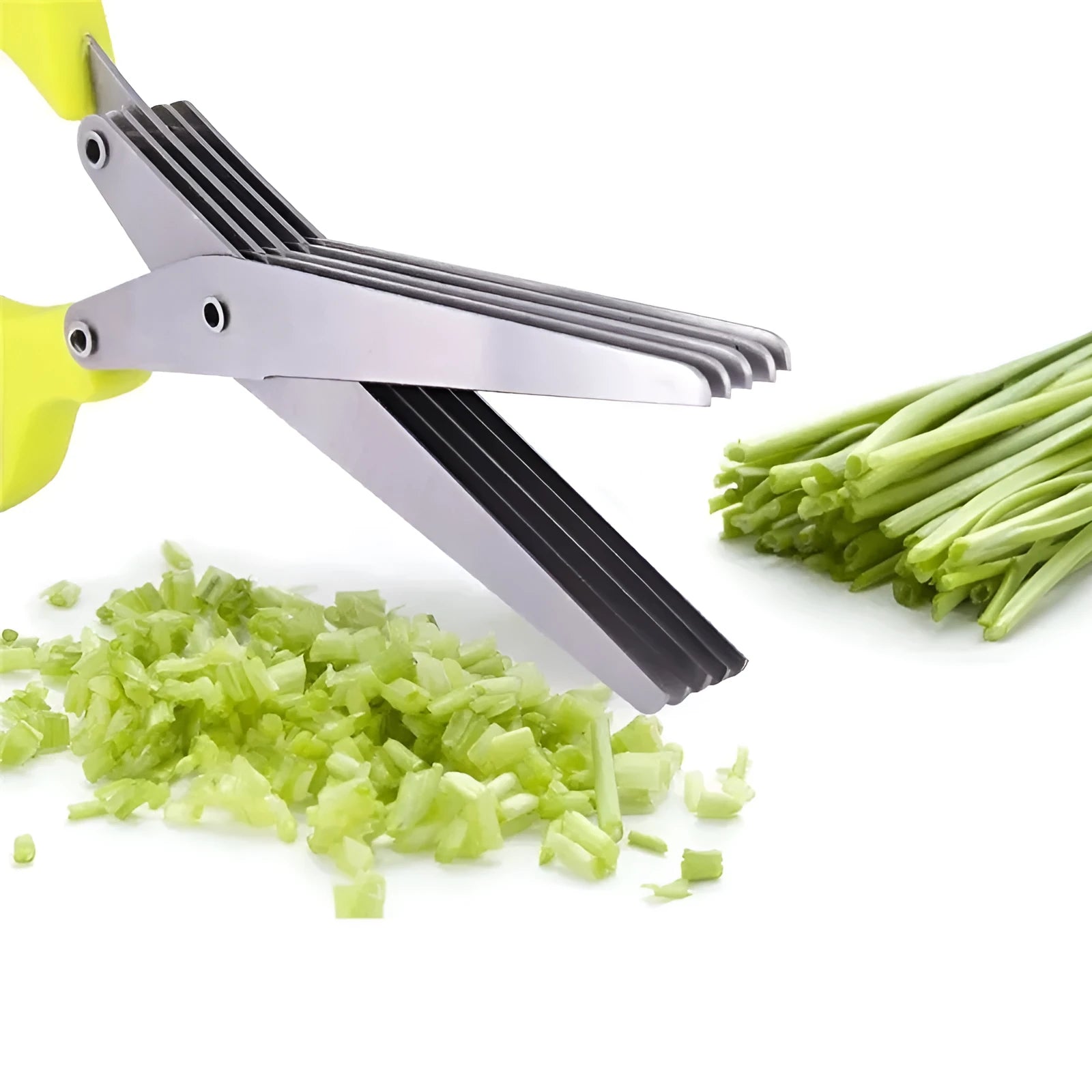 Stainless steel multi-layer herb scissors with green handles for chopping green onions and seaweed.