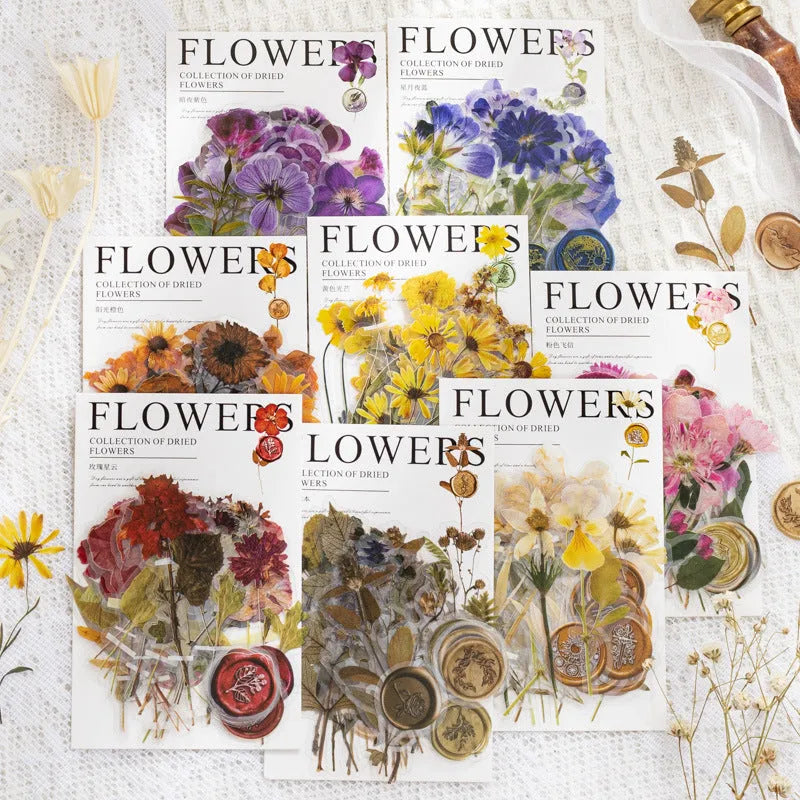Dried flower journal decoration sticker set showing eight artistic styles on 70mm PET sheets