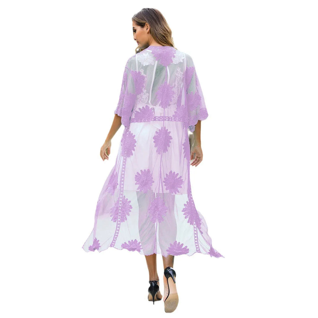 Light purple lace-embroidered beach dress cardigan blouse for women, free size.