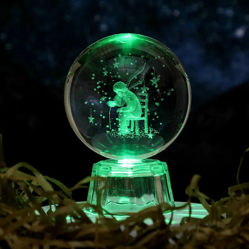 Transparent luminous crystal ball ornament with inner carvings on fixed base for desktop decoration