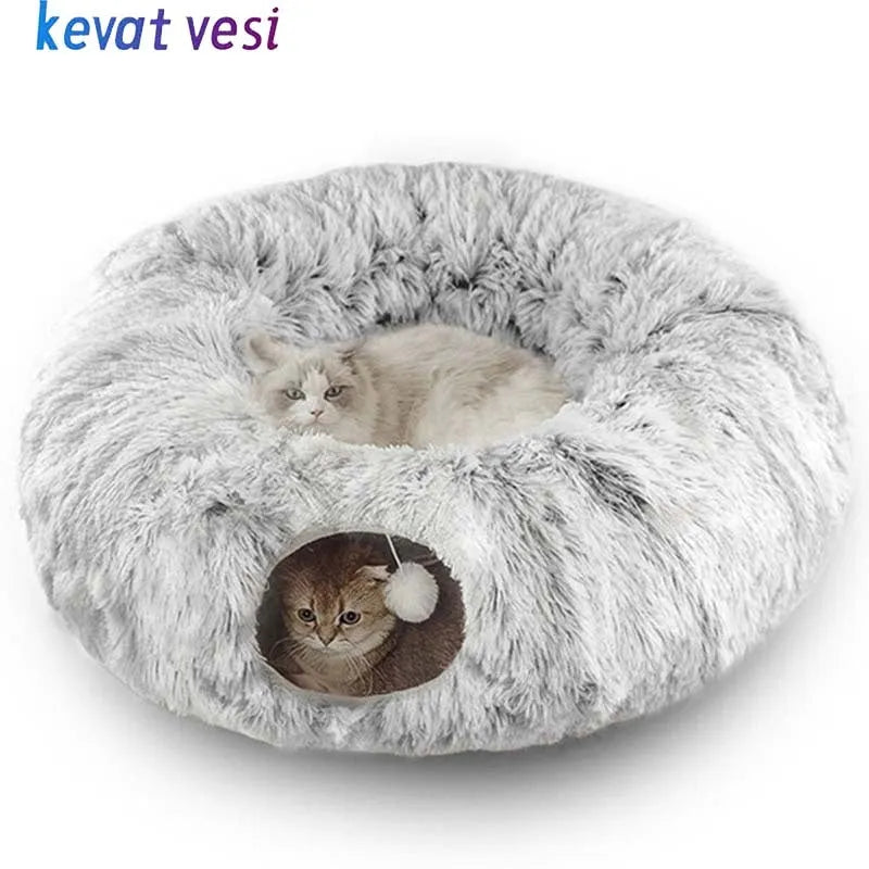 Plush collapsible cat bed with tunnel, non-slip base, and removable washable cushion for indoor pets