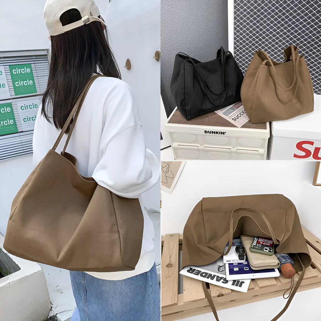 Solid colour women's canvas handbag with double shoulder straps and large shopping capacity
