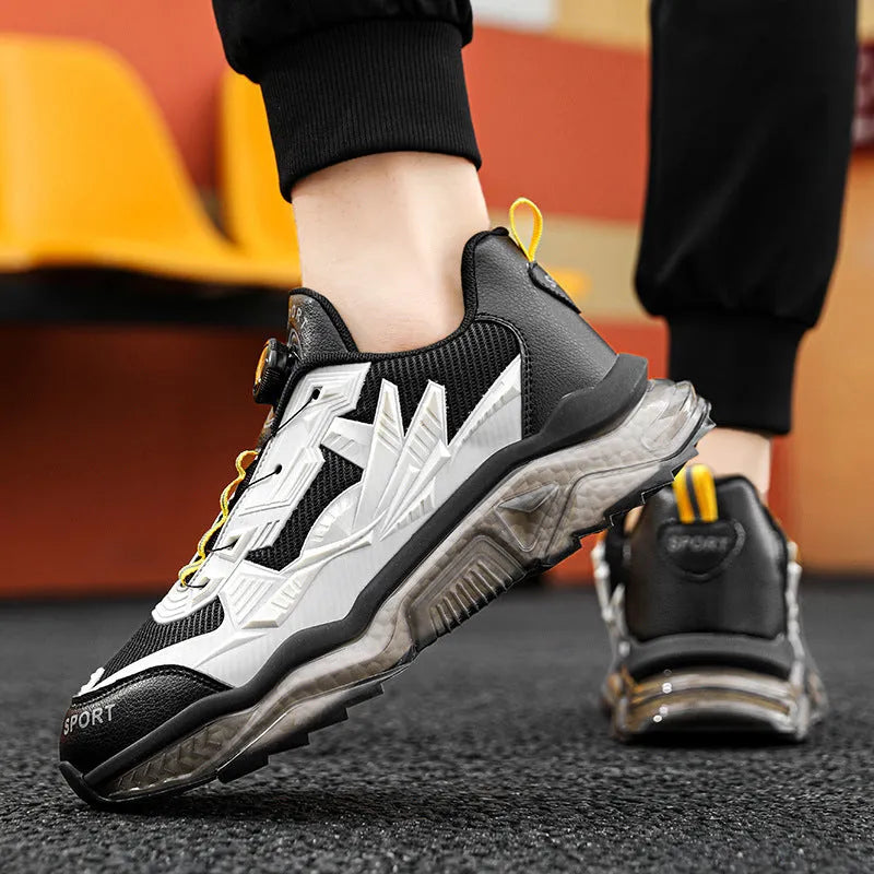 Men's black rotating button dad shoes with a mesh upper and platform sole