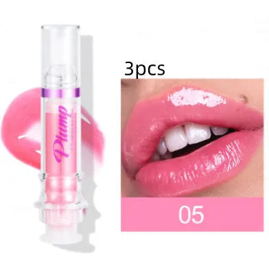 Lip gloss tube with mirror finish showing shiny application on lips