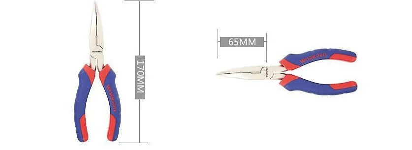 Blue and black handled curved nose pliers with fine 5mm tips, 160mm long.
